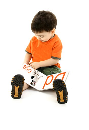 Boy pointing to dog in book